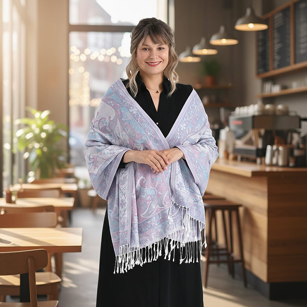 Paisley Print Scarf with Tassels (180x70cm) - White & Grey