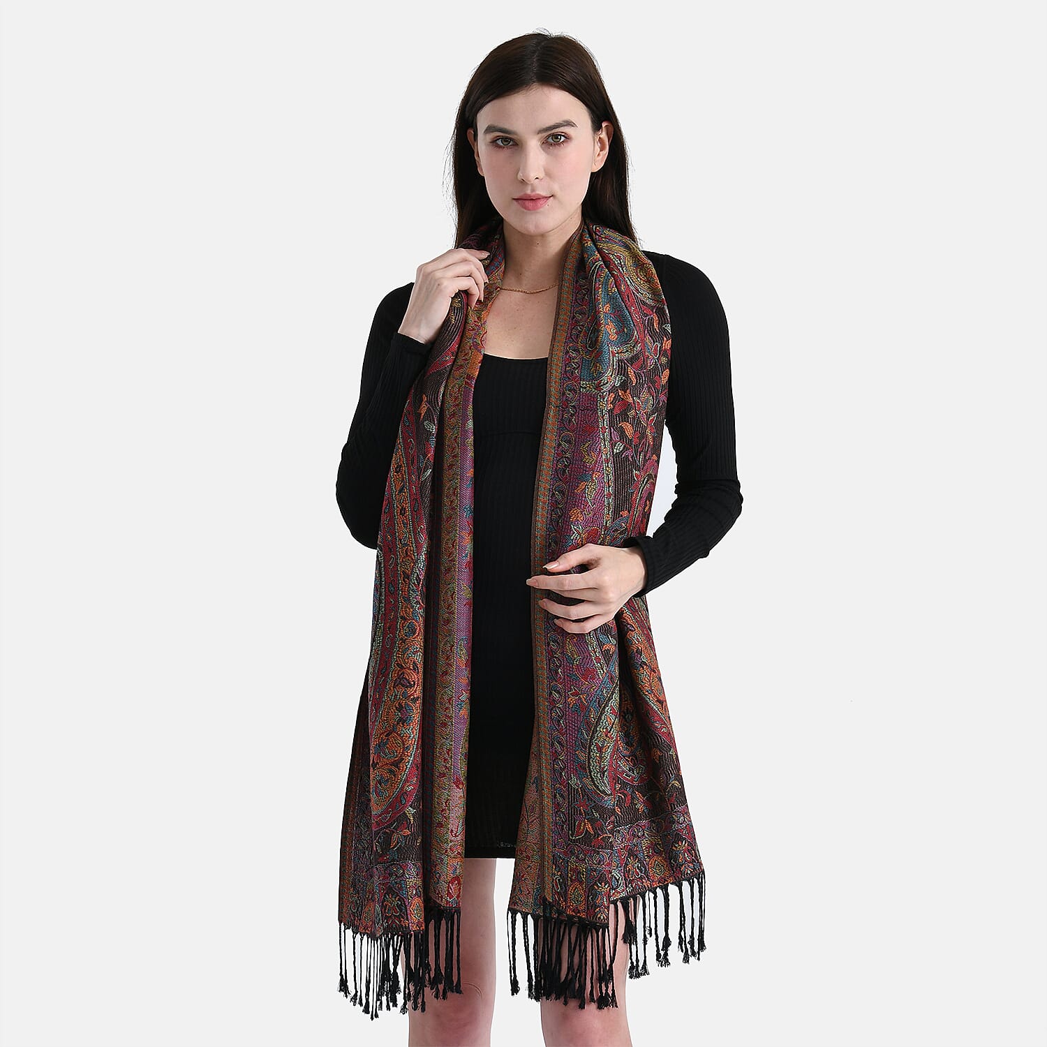 Multicolour Paisley Jacquard Scarf with Tassel (70x180cm)