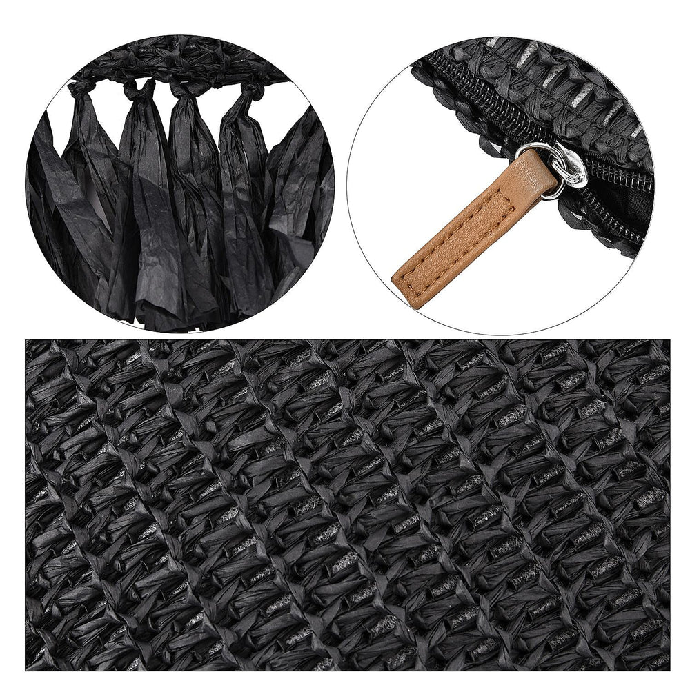 Straw Tote Bag with Tassel - Black