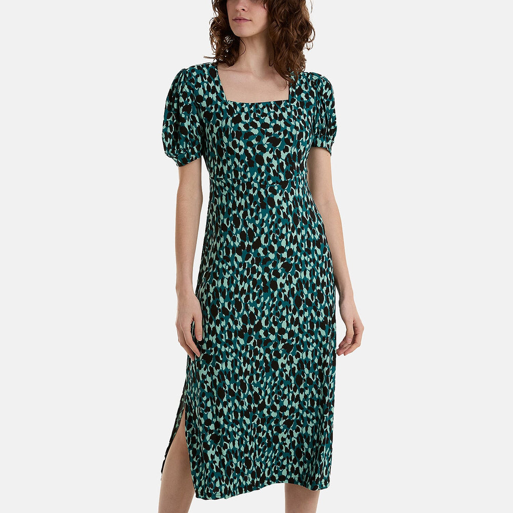 Paramour Animal Print Square Neck Midi Dress with Puff Sleeves (Size 12) - Green