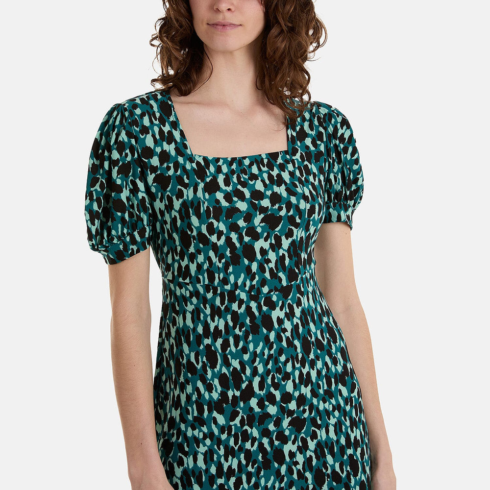 Paramour Animal Print Square Neck Midi Dress with Puff Sleeves (Size 12) - Green