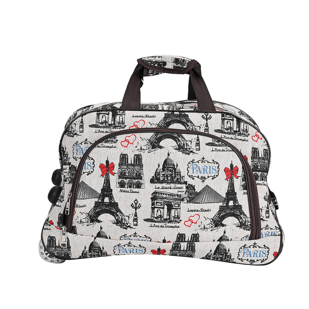 Passage Eiffel Tower Printed Travel Bag with Adjustable Handle - Wheel - White
