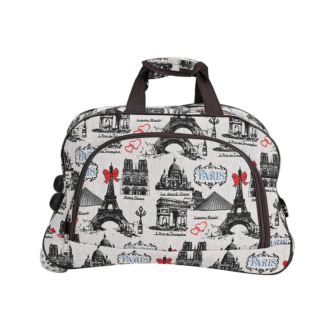Passage Eiffel Tower Printed Travel Bag with Adjustable Handle - Wheel - White