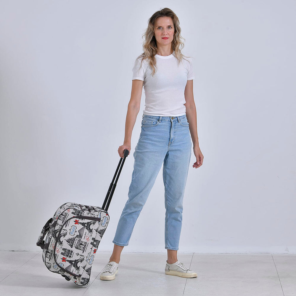 Passage Eiffel Tower Printed Travel Bag with Adjustable Handle - Wheel - White