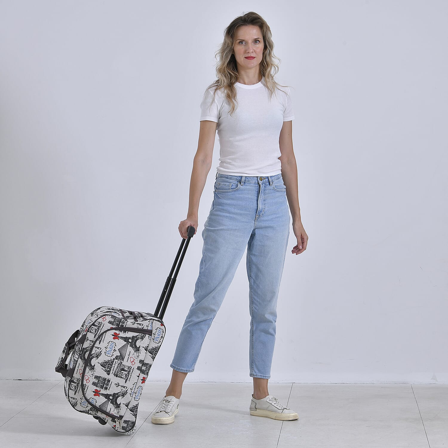 Passage Eiffel Tower Printed Travel Bag with Adjustable Handle - Wheel - White