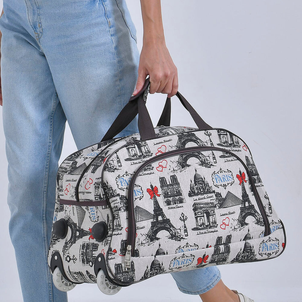 Passage Eiffel Tower Printed Travel Bag with Adjustable Handle - Wheel - White