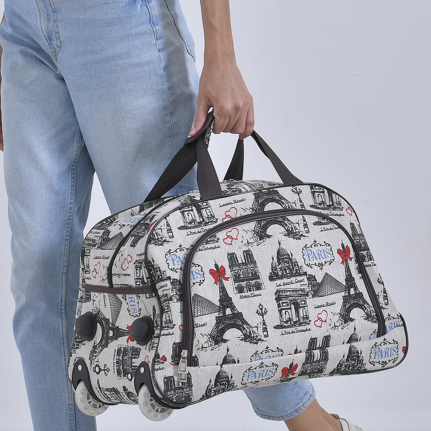 Passage Eiffel Tower Printed Travel Bag with Adjustable Handle - Wheel - White