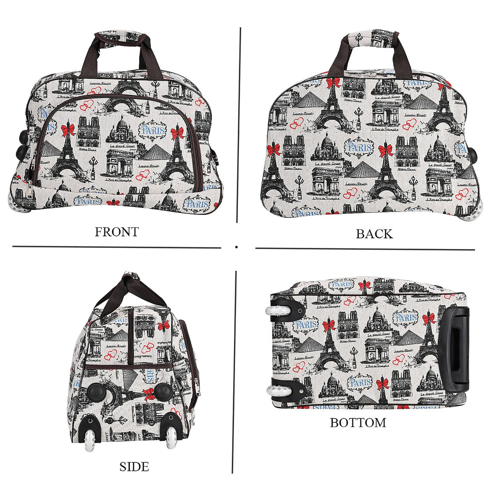 Passage Eiffel Tower Printed Travel Bag with Adjustable Handle - Wheel - White