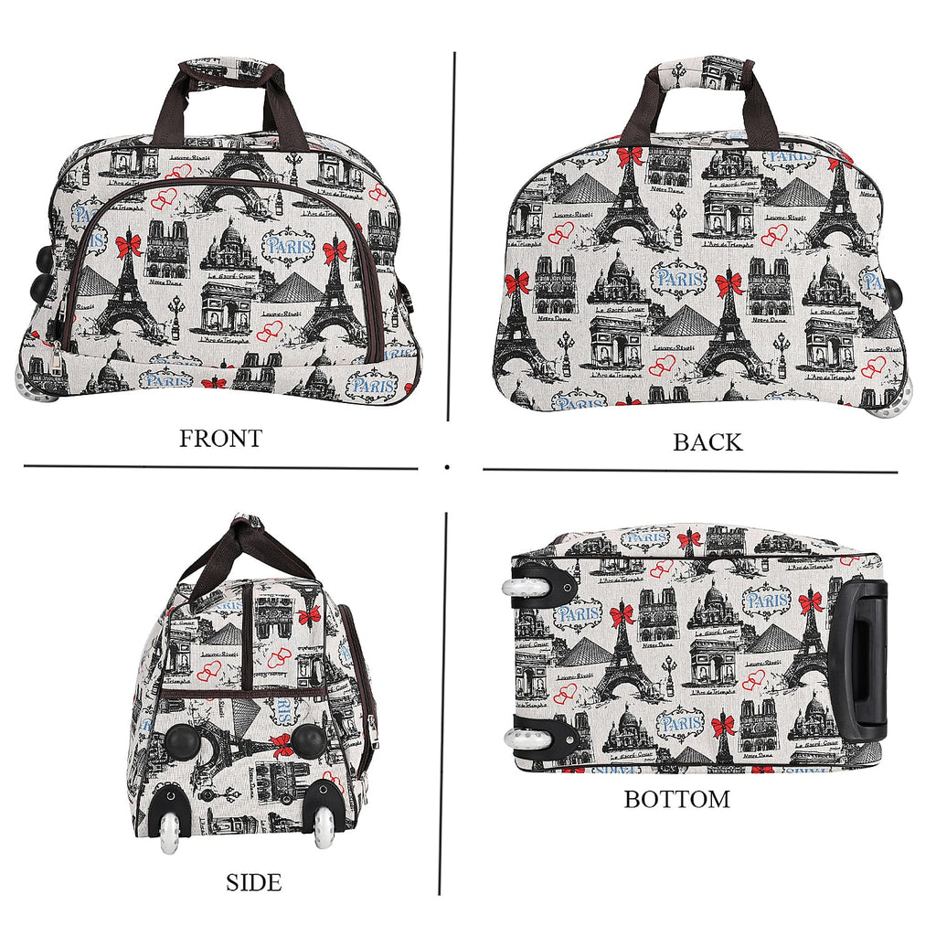 Passage Eiffel Tower Printed Travel Bag with Adjustable Handle - Wheel - White