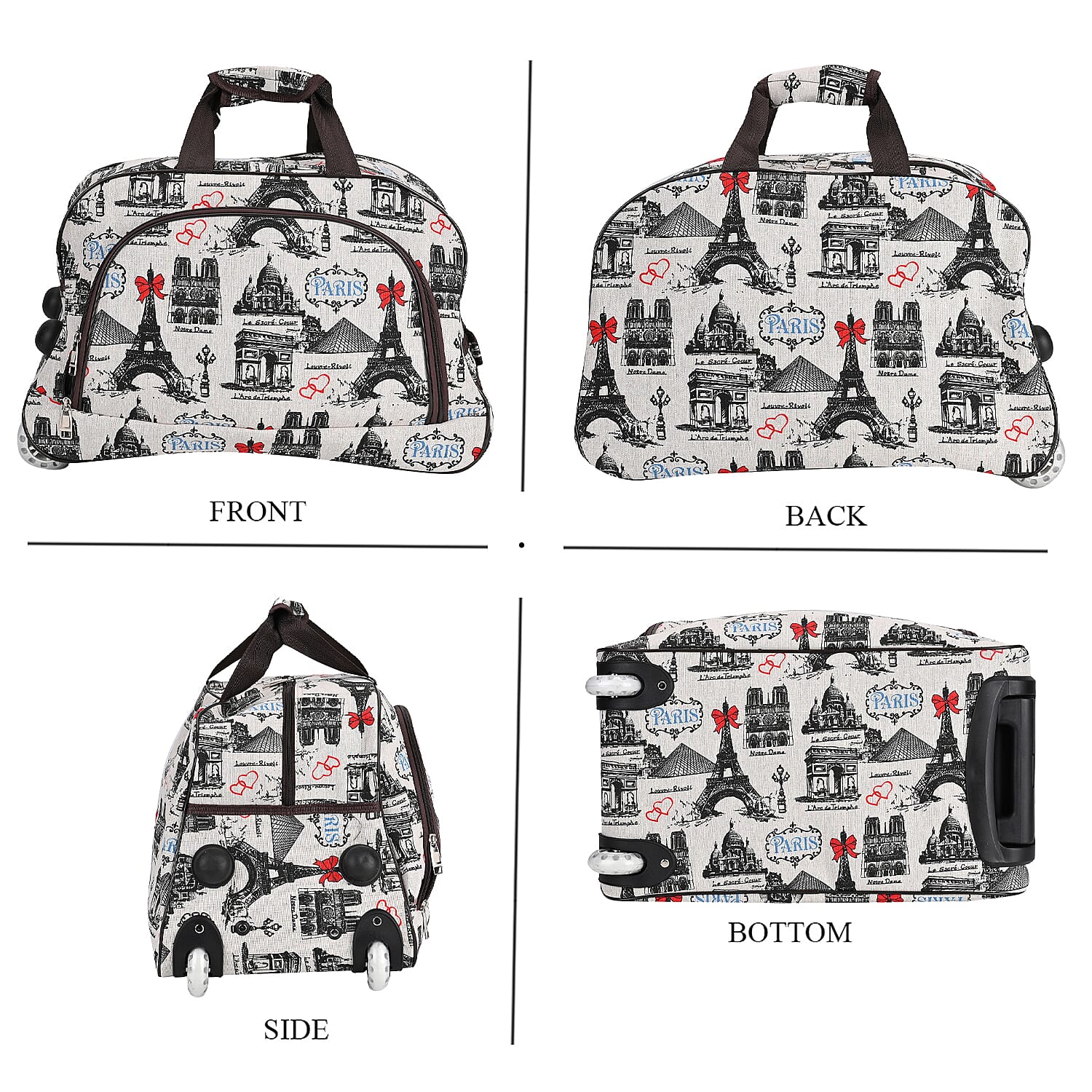 Passage Eiffel Tower Printed Travel Bag with Adjustable Handle - Wheel - White
