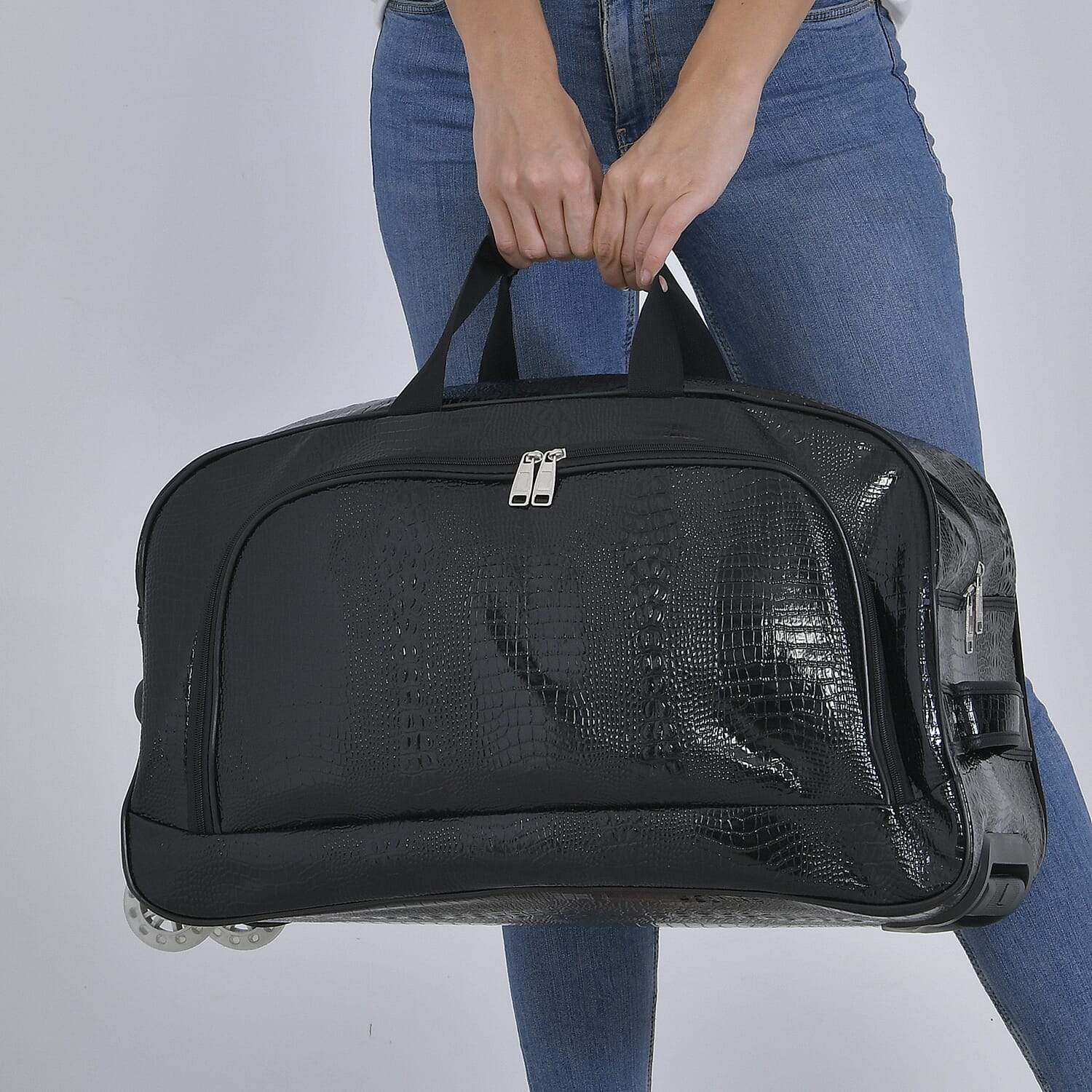 Passage Leatherette Croc Pattern Travel Bag with Adjustable Handle - Wheel - Black