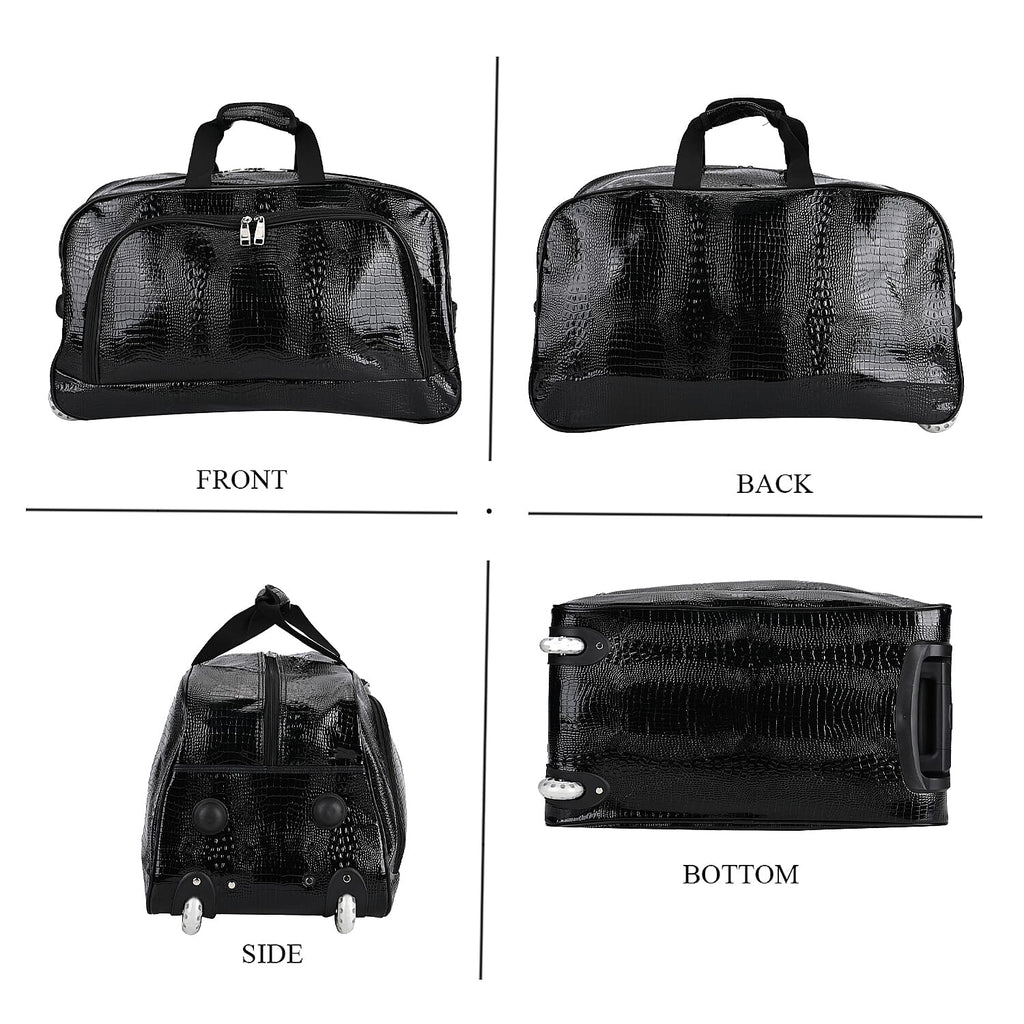 Passage Leatherette Croc Pattern Travel Bag with Adjustable Handle - Wheel - Black