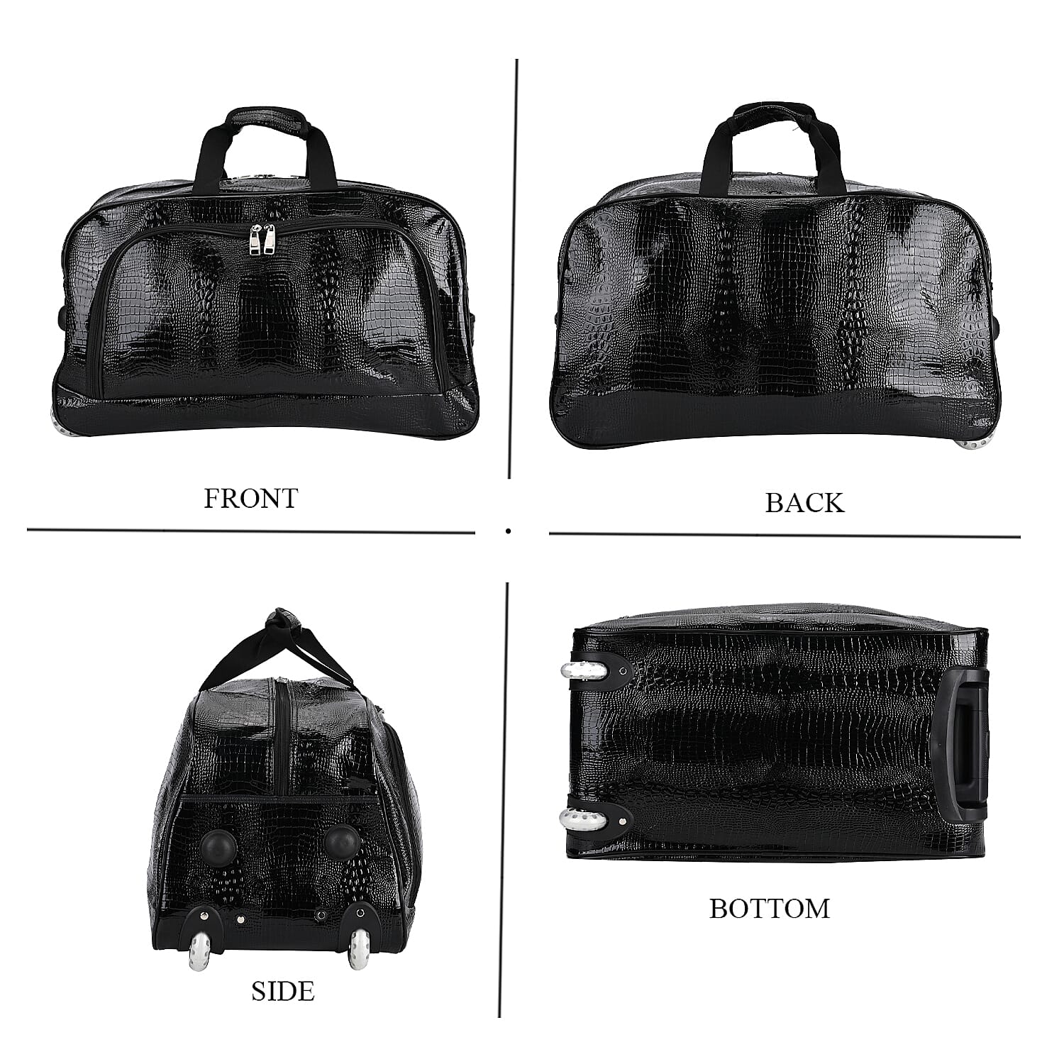 Passage Leatherette Croc Pattern Travel Bag with Adjustable Handle - Wheel - Black