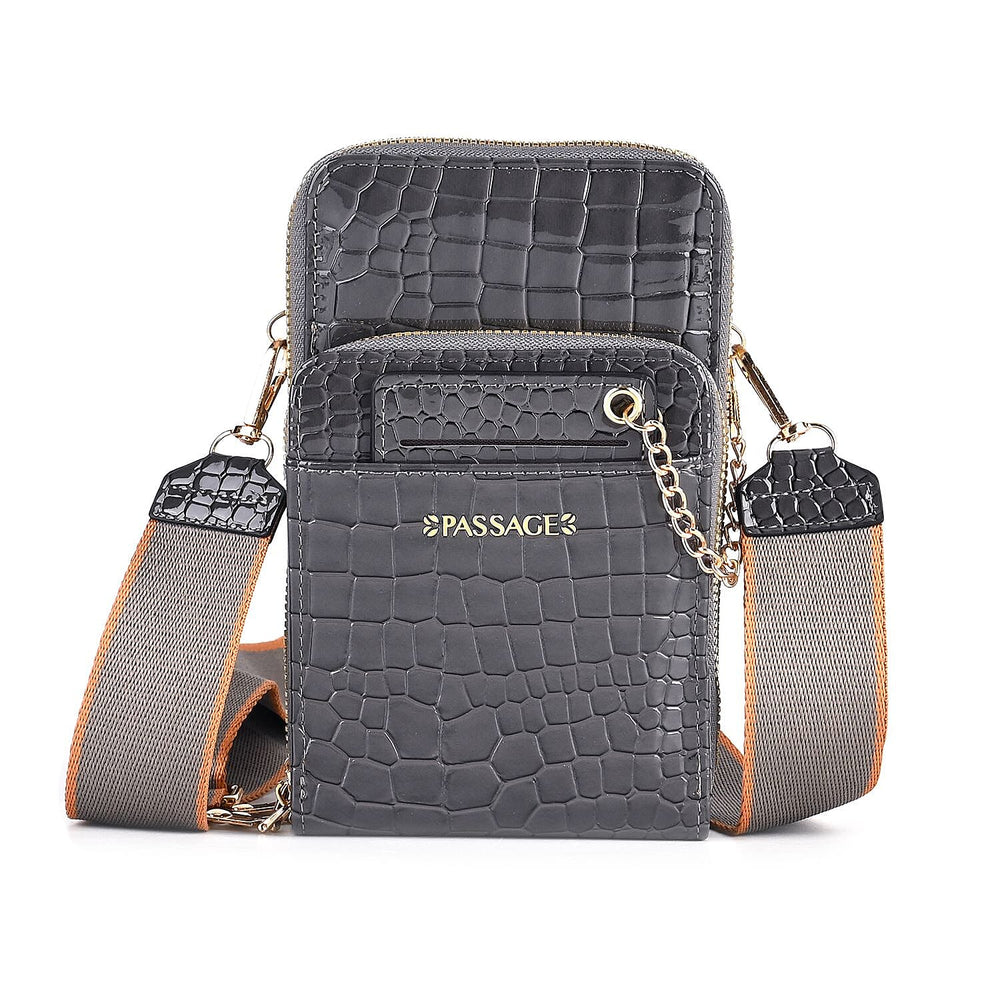 Passage Embossed Crocodile Pattern Crossbody Bag with Card Slot & Shoulder Strap - Charcoal