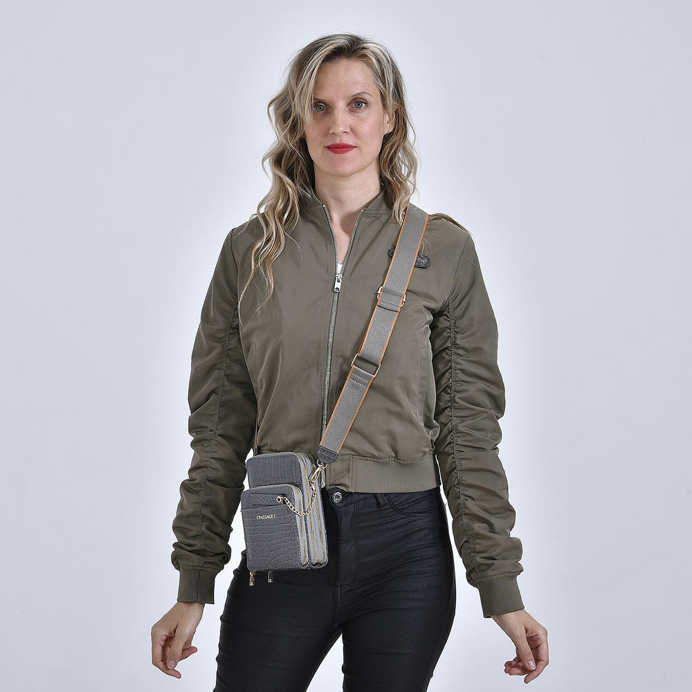 Passage Embossed Crocodile Pattern Crossbody Bag with Card Slot & Shoulder Strap - Charcoal