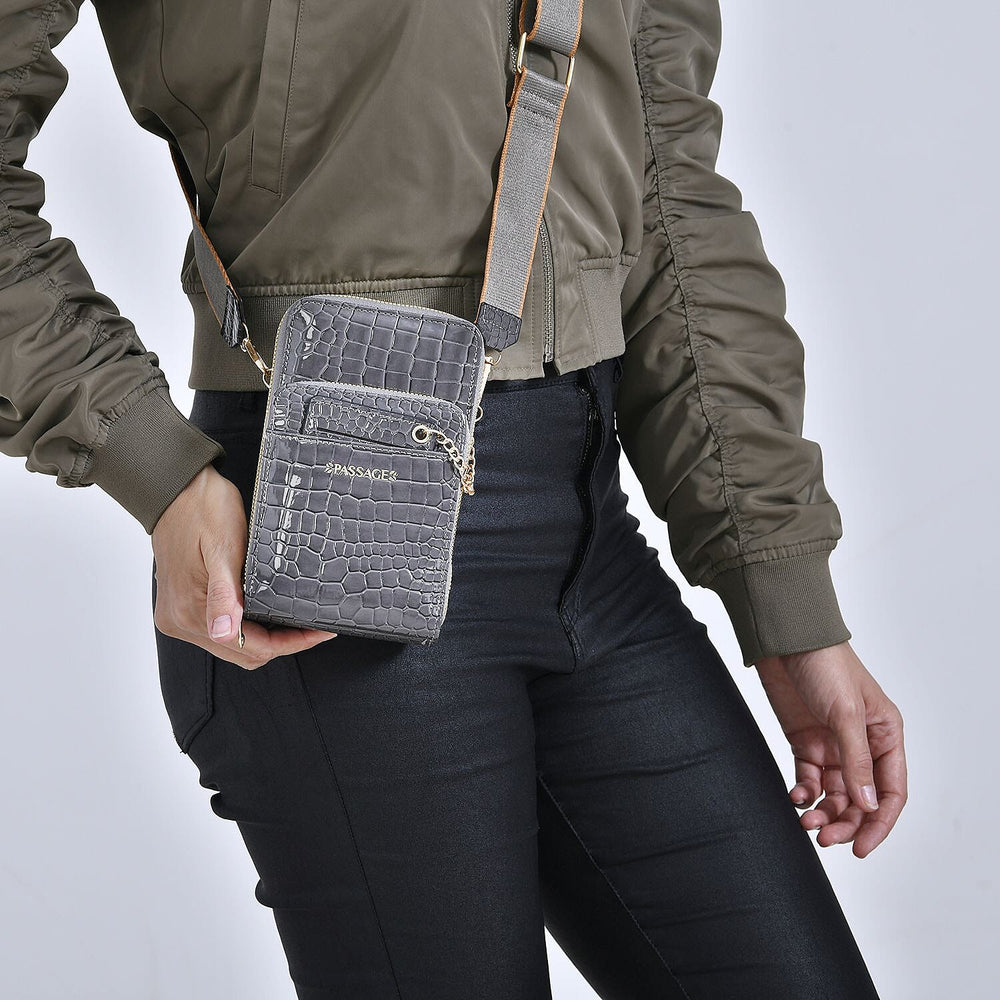 Passage Embossed Crocodile Pattern Crossbody Bag with Card Slot & Shoulder Strap - Charcoal