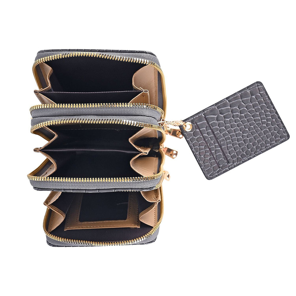 Passage Embossed Crocodile Pattern Crossbody Bag with Card Slot & Shoulder Strap - Charcoal