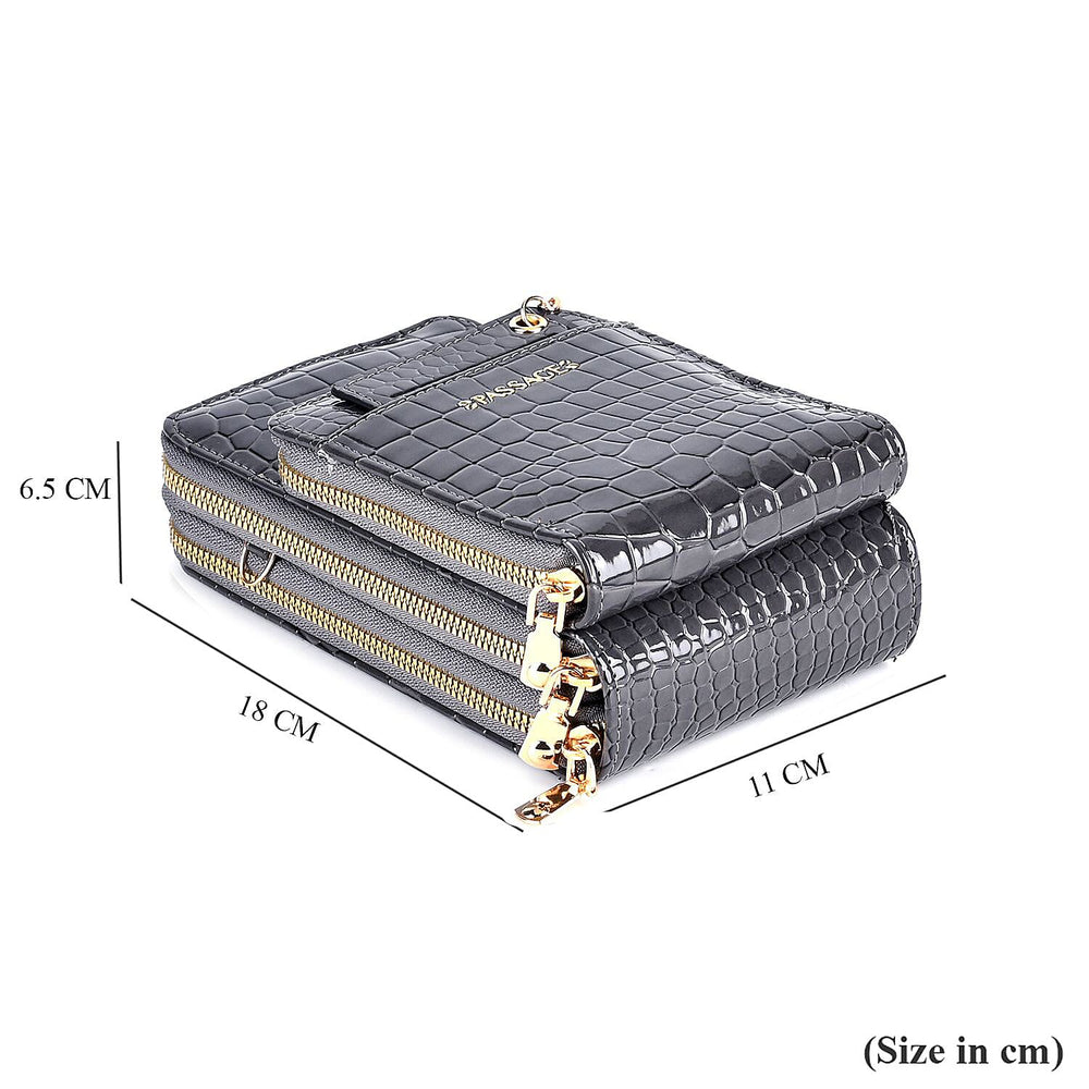 Passage Embossed Crocodile Pattern Crossbody Bag with Card Slot & Shoulder Strap - Charcoal