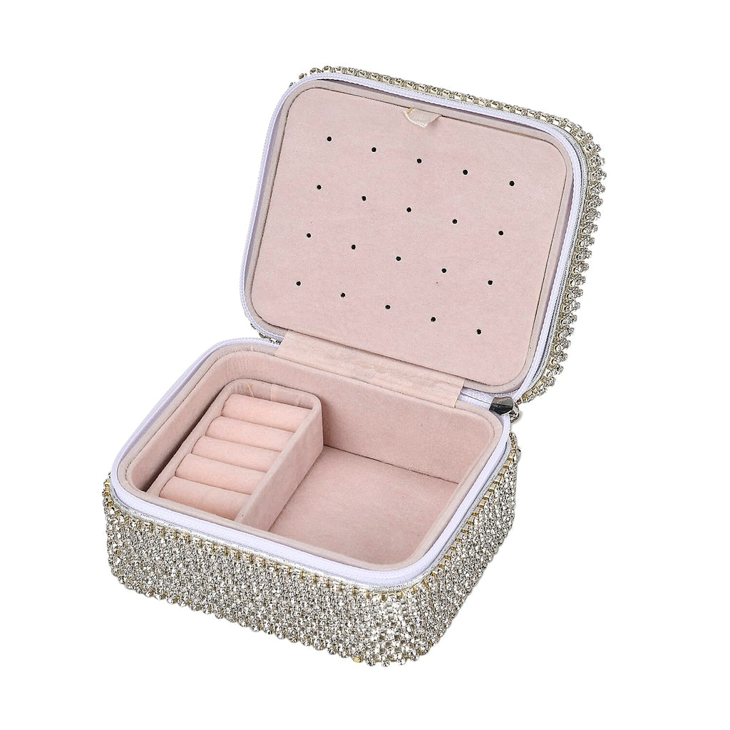 Sparkling Crystal Studded Sequin Patterned Velvet Jewellery Box (Size 12x10x6 cm) - Silver