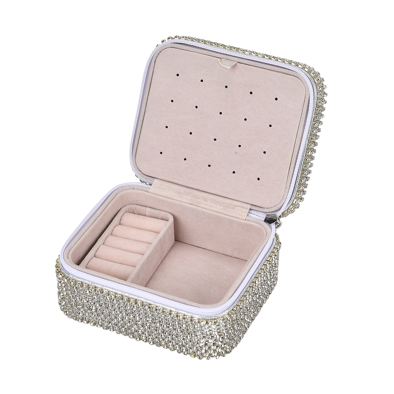 Sparkling Crystal Studded Sequin Patterned Velvet Jewellery Box (Size 12x10x6 cm) - Silver