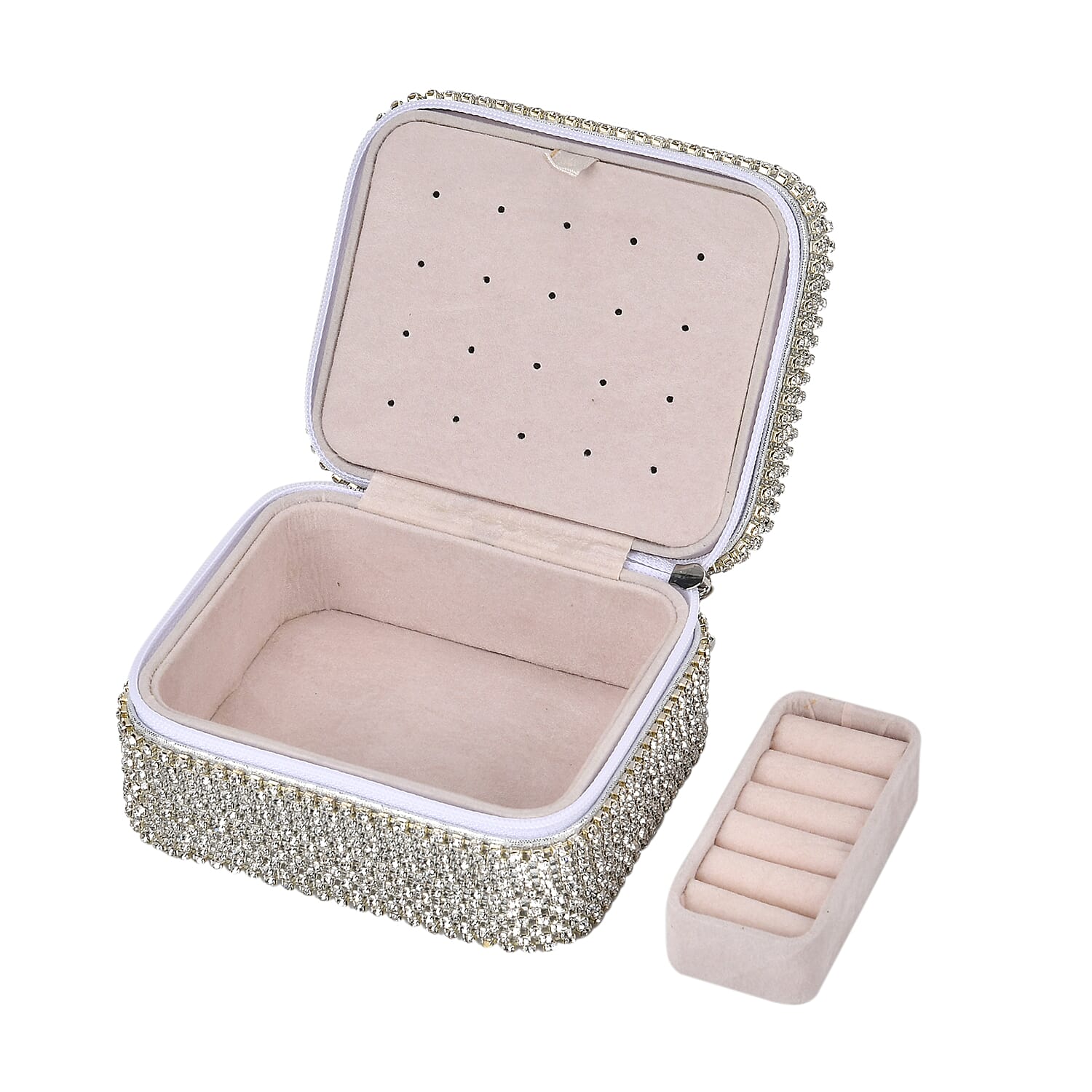 Sparkling Crystal Studded Sequin Patterned Velvet Jewellery Box (Size 12x10x6 cm) - Silver