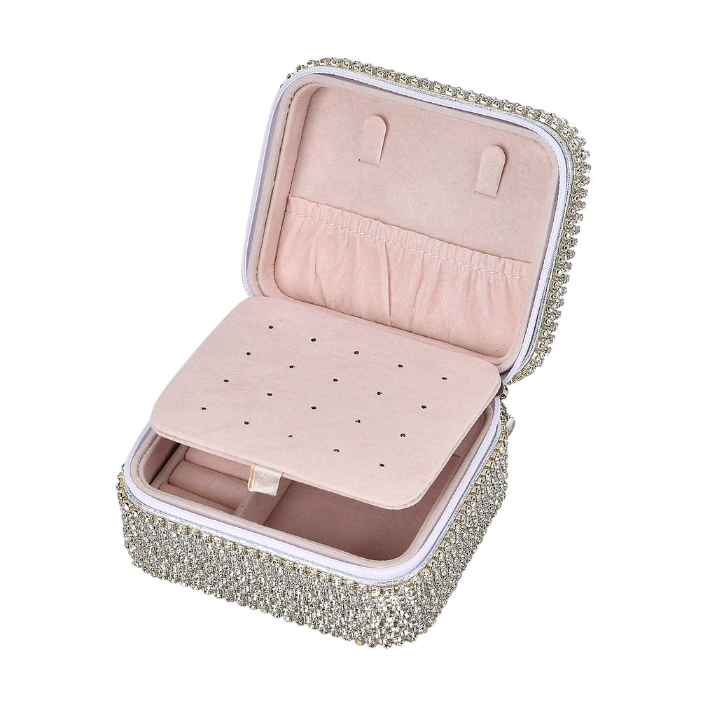 Sparkling Crystal Studded Sequin Patterned Velvet Jewellery Box (Size 12x10x6 cm) - Silver