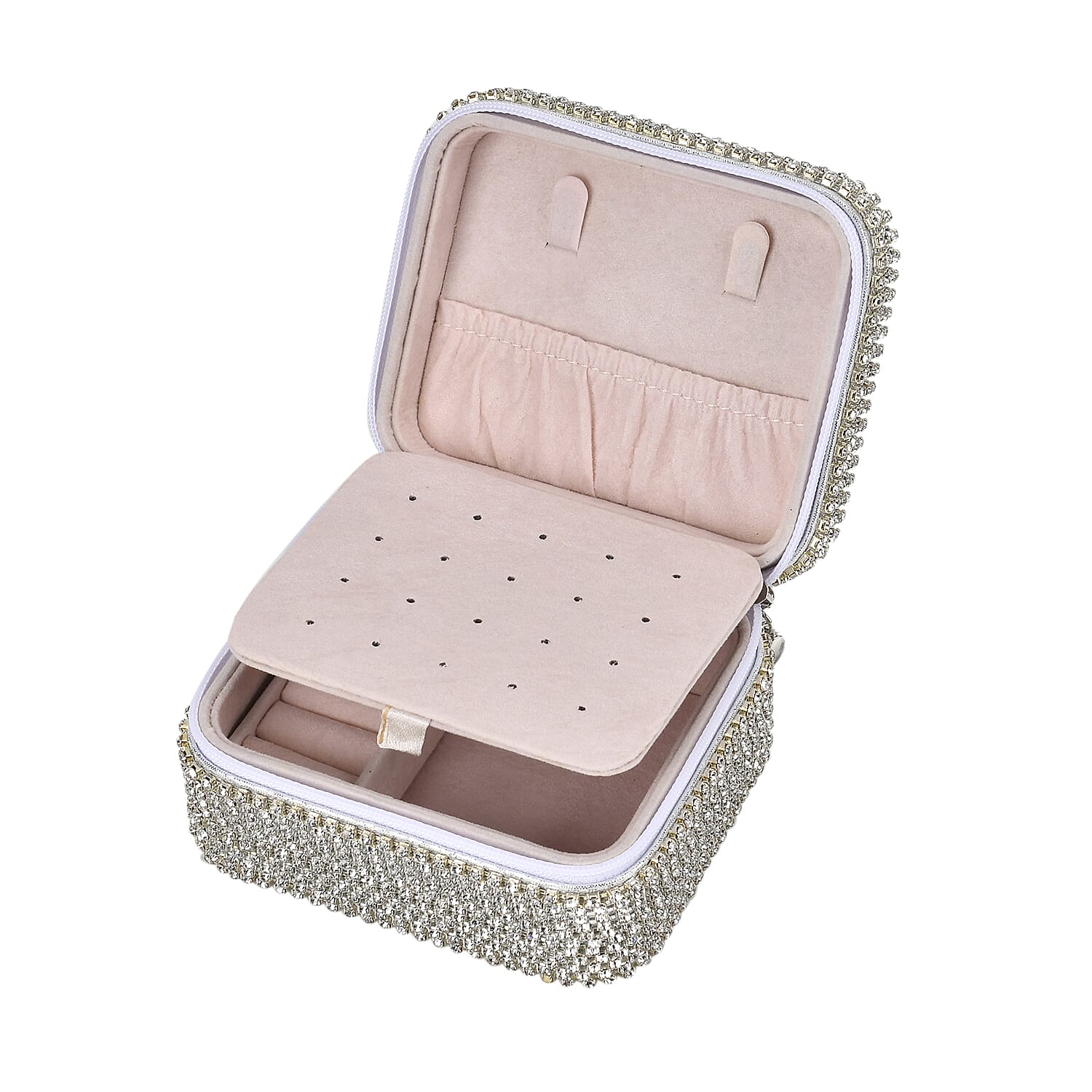 Sparkling Crystal Studded Sequin Patterned Velvet Jewellery Box (Size 12x10x6 cm) - Silver