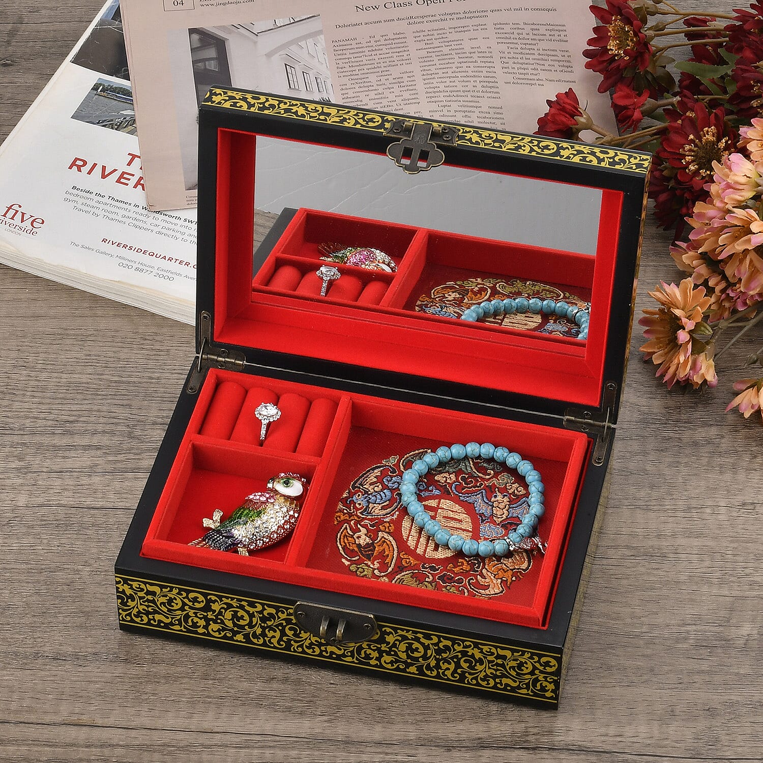 Patterned Jewellery Box (Size 21x14x7 cm) - Black & Black