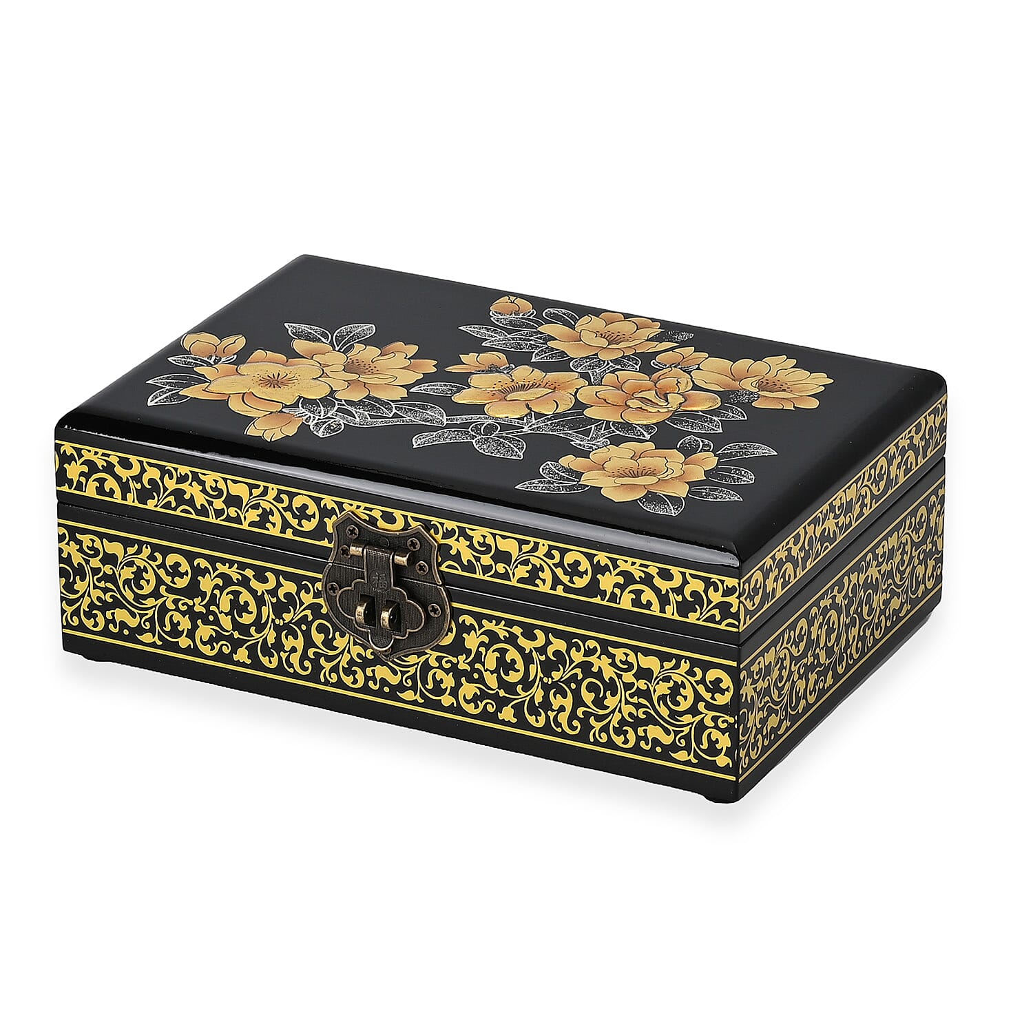 Patterned Jewellery Box (Size 21x14x7 cm) - Black & Black