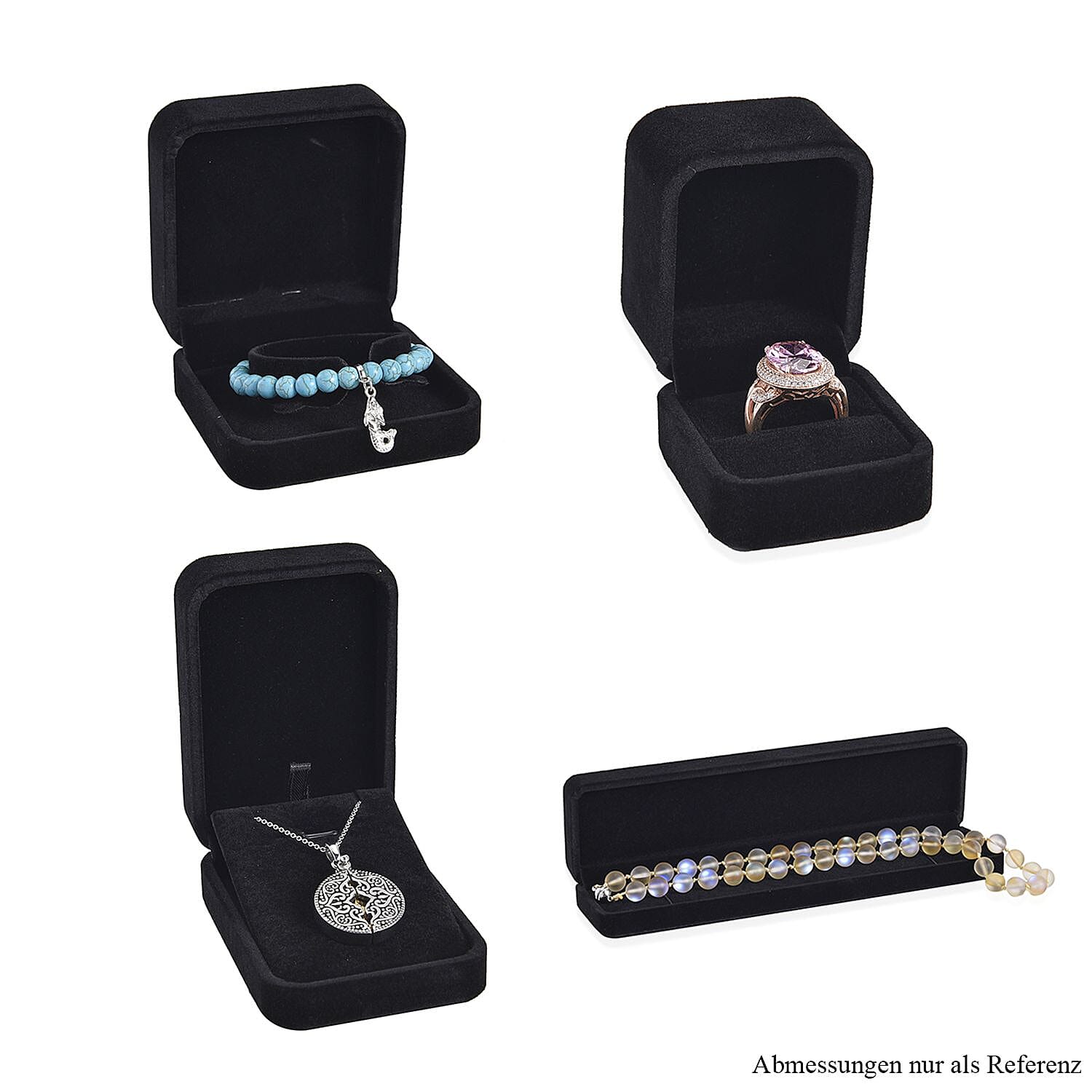 4 Piece Set - Velvet Jewellery Box (Inc. Ring Box, Pendant Box, Bracelet Box & Long Chain Box) - Black