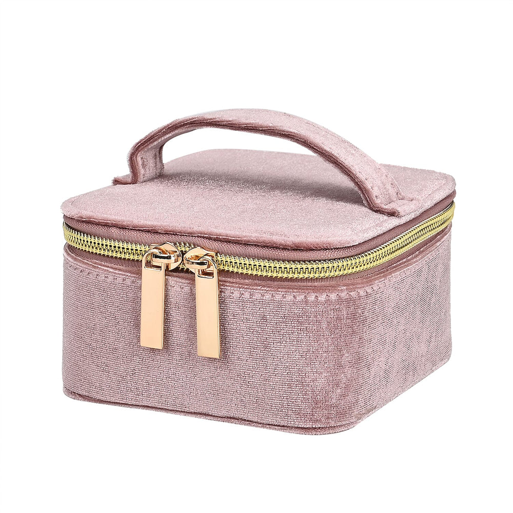 Velvet Jewellery Organiser with 4 Zipper Pockets (Size 12x12x7 cm) - Pink