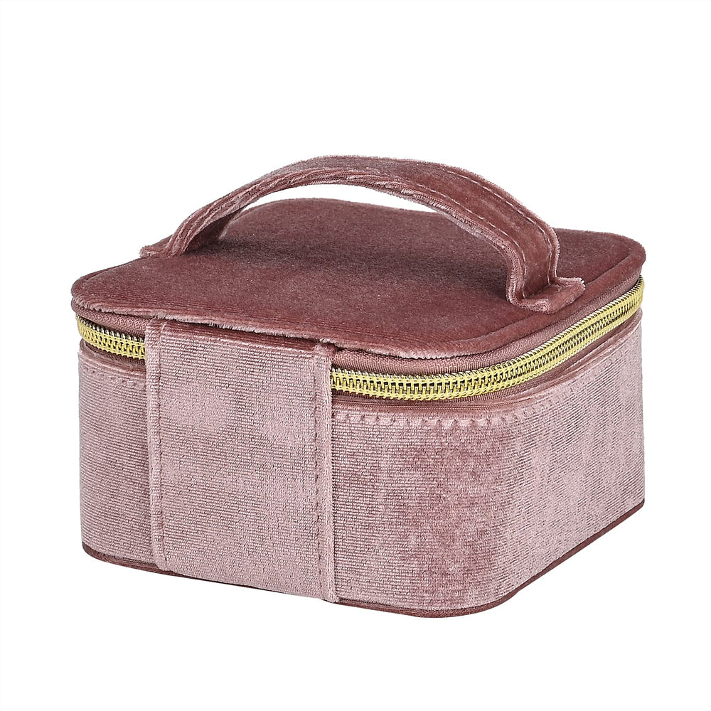Velvet Jewellery Organiser with 4 Zipper Pockets (Size 12x12x7 cm) - Pink