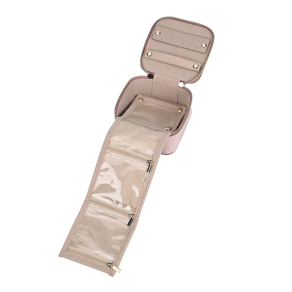 Velvet Jewellery Organiser with 4 Zipper Pockets (Size 12x12x7 cm) - Pink