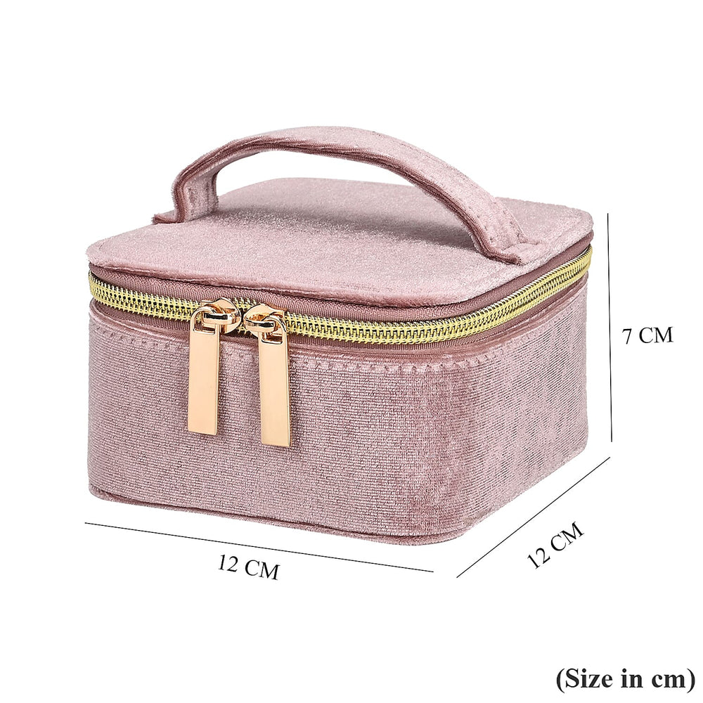 Velvet Jewellery Organiser with 4 Zipper Pockets (Size 12x12x7 cm) - Pink