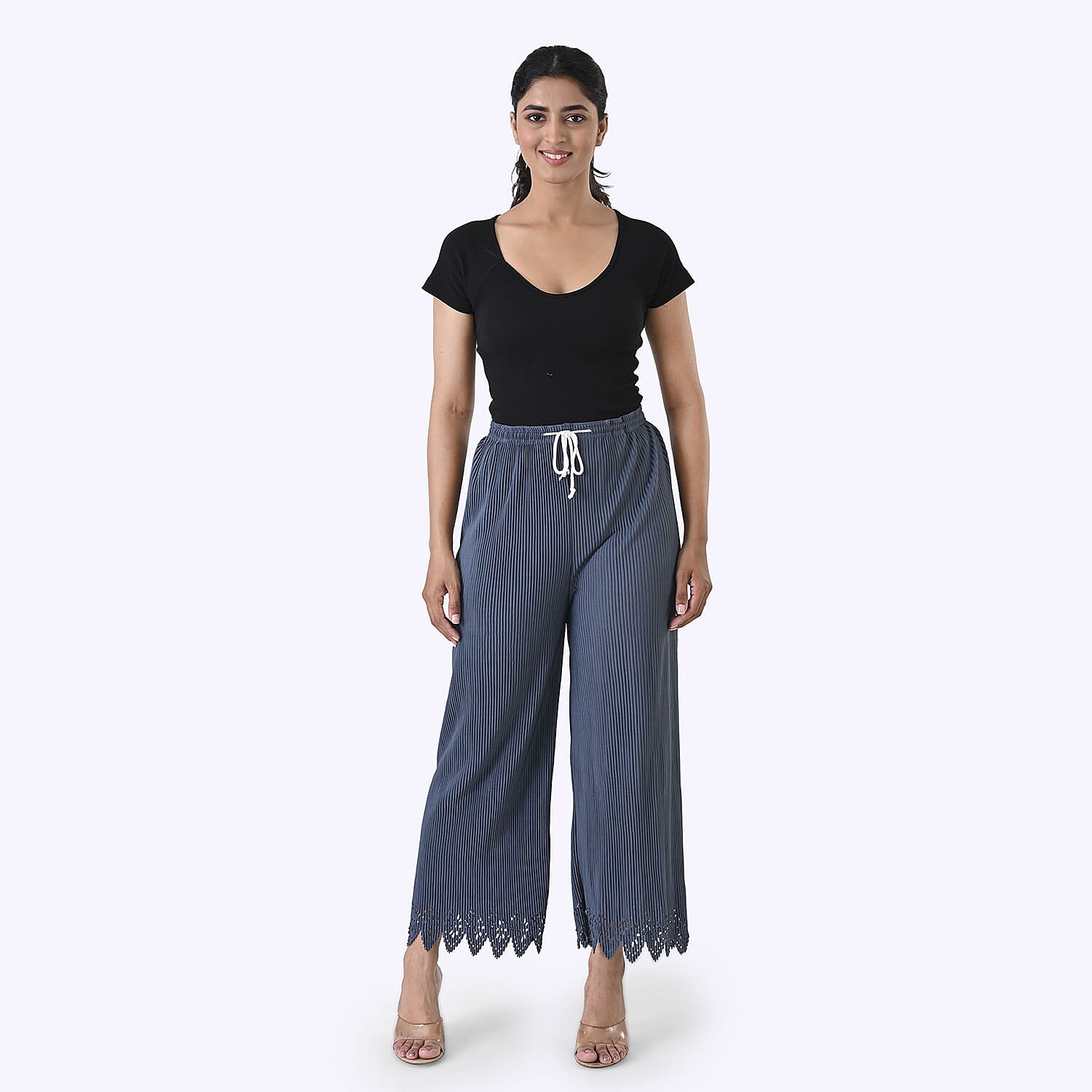 Styled By Laser-Cut Hem Pleated Wide Leg Trouser (One Size) - Slate Blue