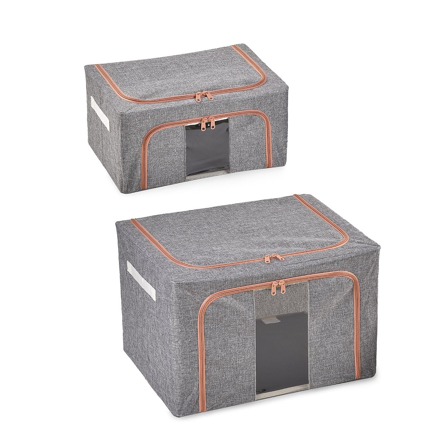 Set of 2 Faux Linen Storage Box with Metal Frame (Size 50x40x32 cm) - Grey