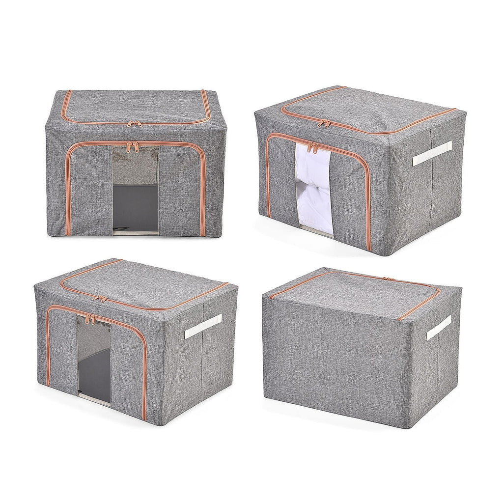 Set of 2 Faux Linen Storage Box with Metal Frame (Size 50x40x32 cm) - Grey