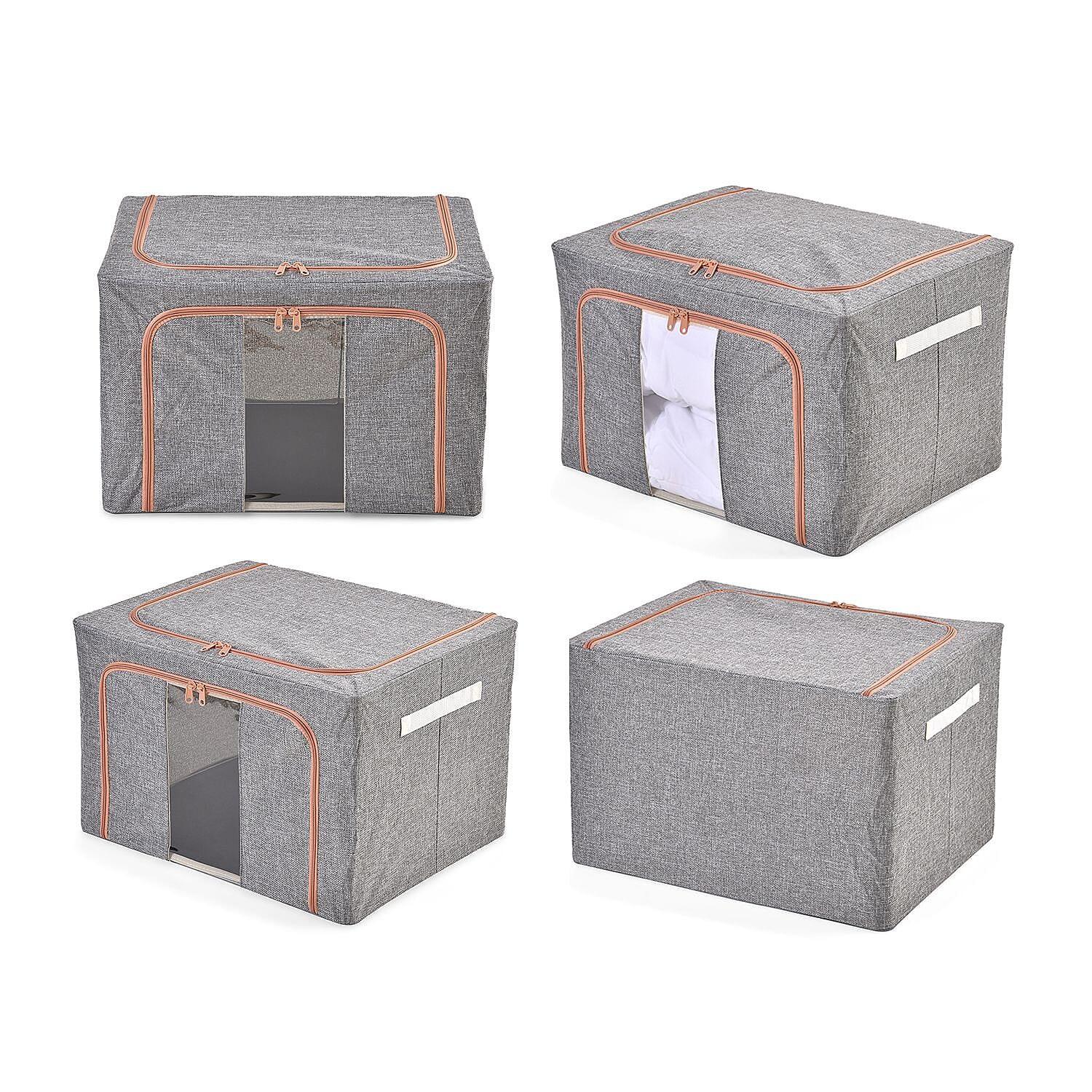 Set of 2 Faux Linen Storage Box with Metal Frame (Size 50x40x32 cm) - Grey