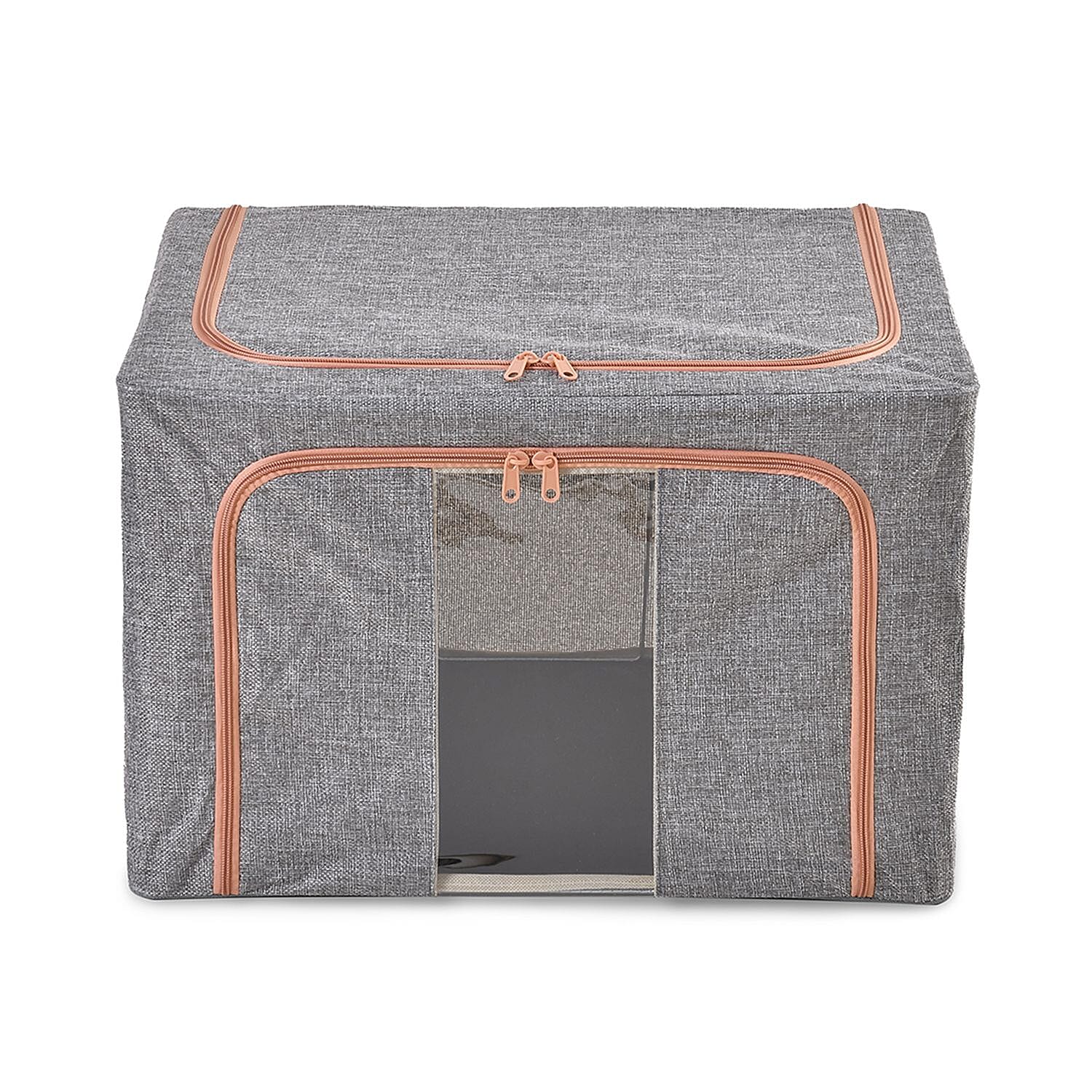 Set of 2 Faux Linen Storage Box with Metal Frame (Size 50x40x32 cm) - Grey