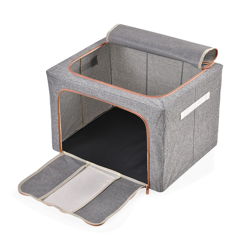 Set of 2 Faux Linen Storage Box with Metal Frame (Size 50x40x32 cm) - Grey