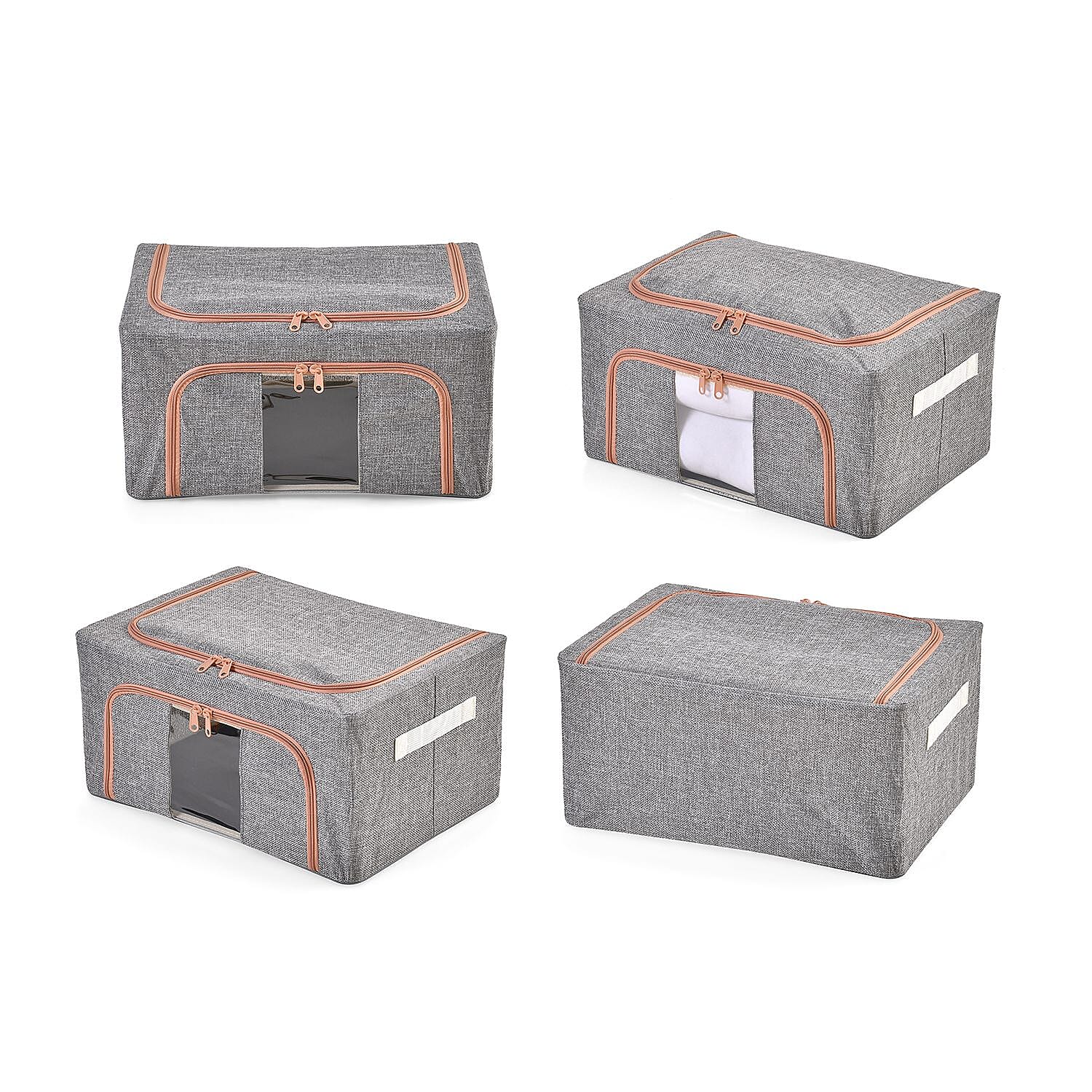 Set of 2 Faux Linen Storage Box with Metal Frame (Size 50x40x32 cm) - Grey
