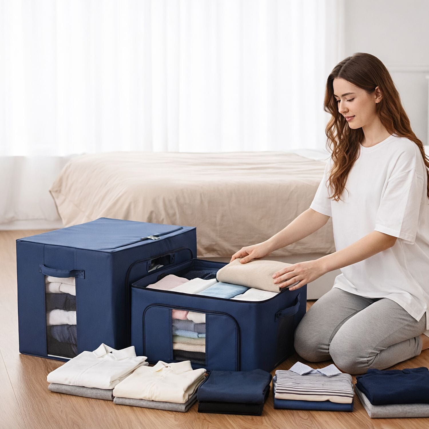 Set of 3- Foldable Oxford Fabric Storage Box with 3 window - Light Yellow