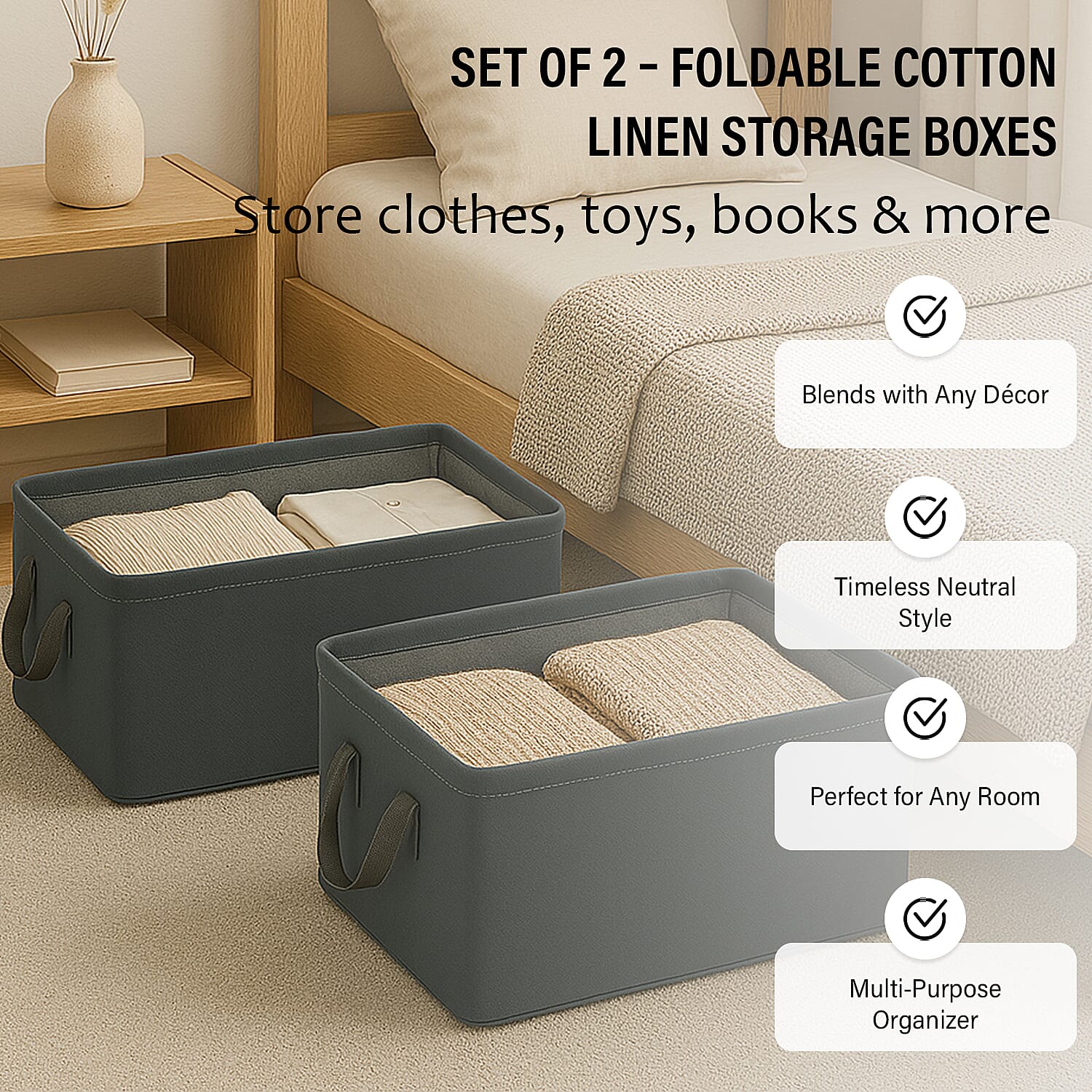 Set of 2- Collapsible Storage Box (Size 45x28x20cm) - Grey