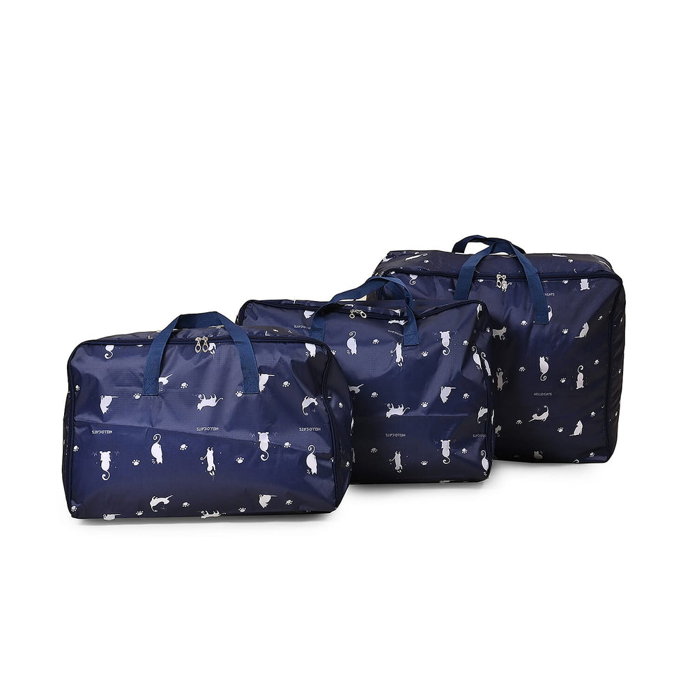Set of 3 Cat Printed Storage Bags - Blue