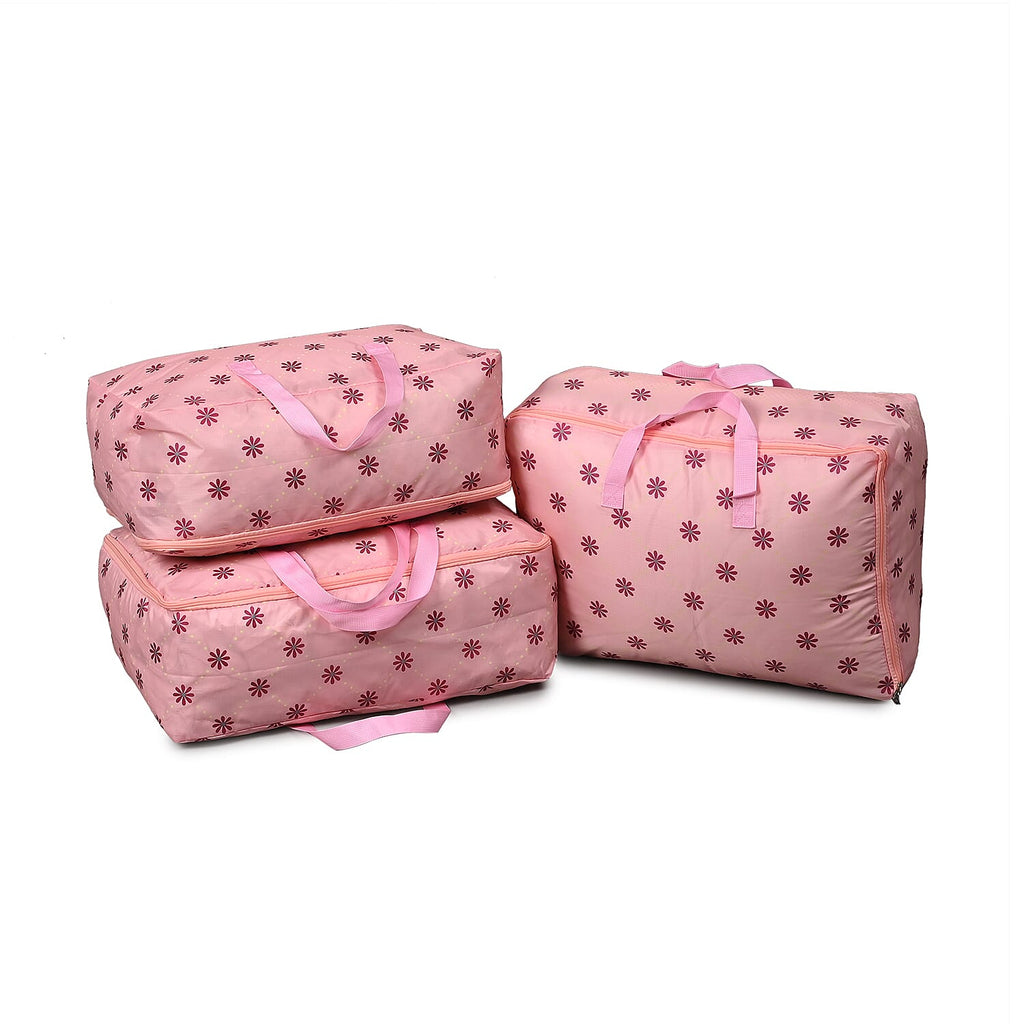 Set of 3 Floral Printed Storage Bags - Pink