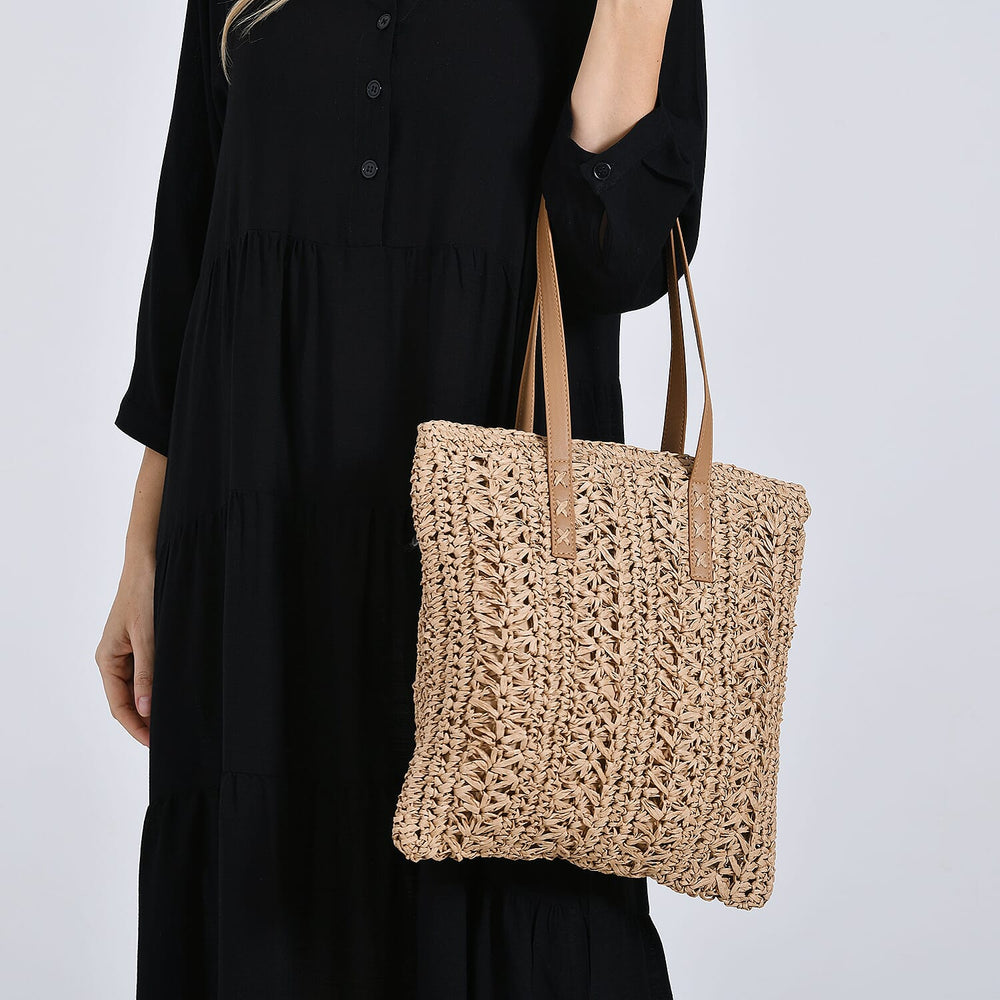 Bohemian Crochet Tote Bag with Shoulder Straps - Khaki