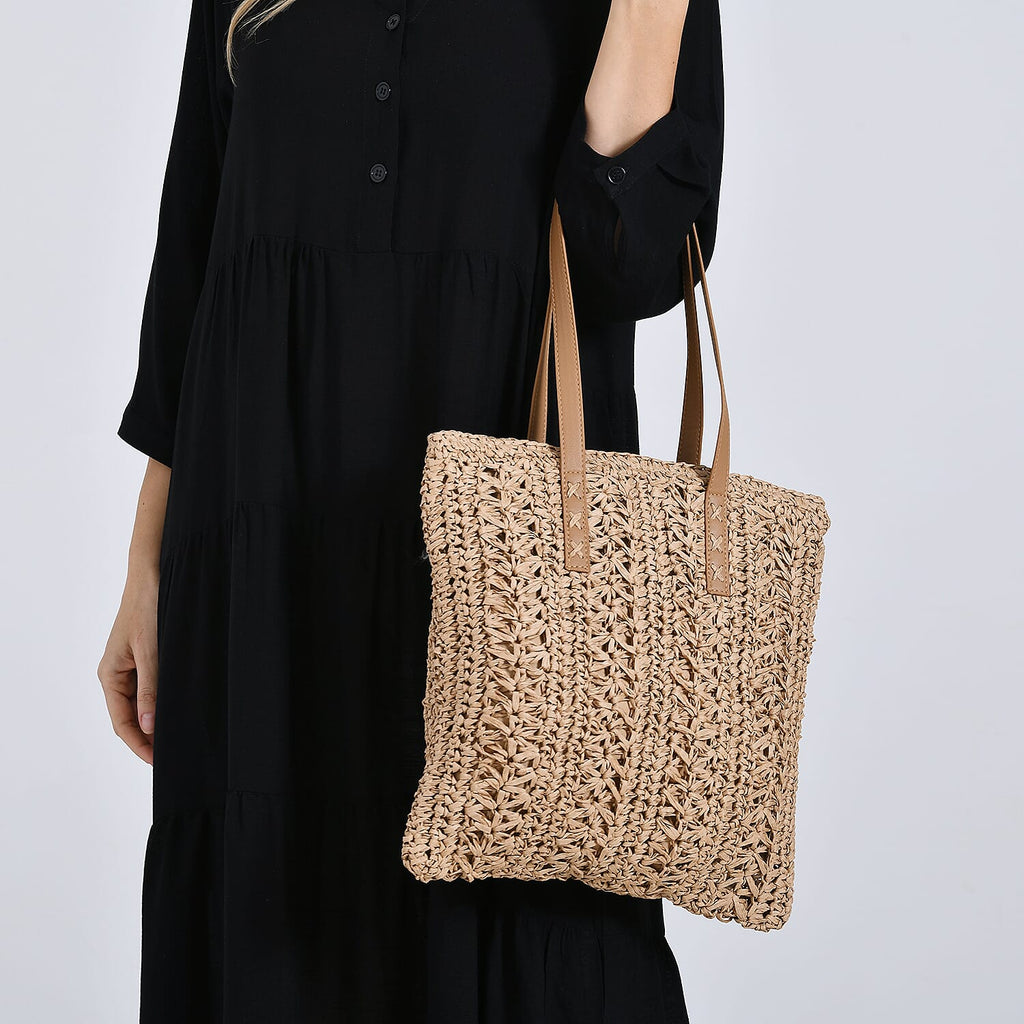 Bohemian Crochet Tote Bag with Shoulder Straps - Khaki