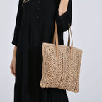 Bohemian Crochet Tote Bag with Shoulder Straps - Khaki