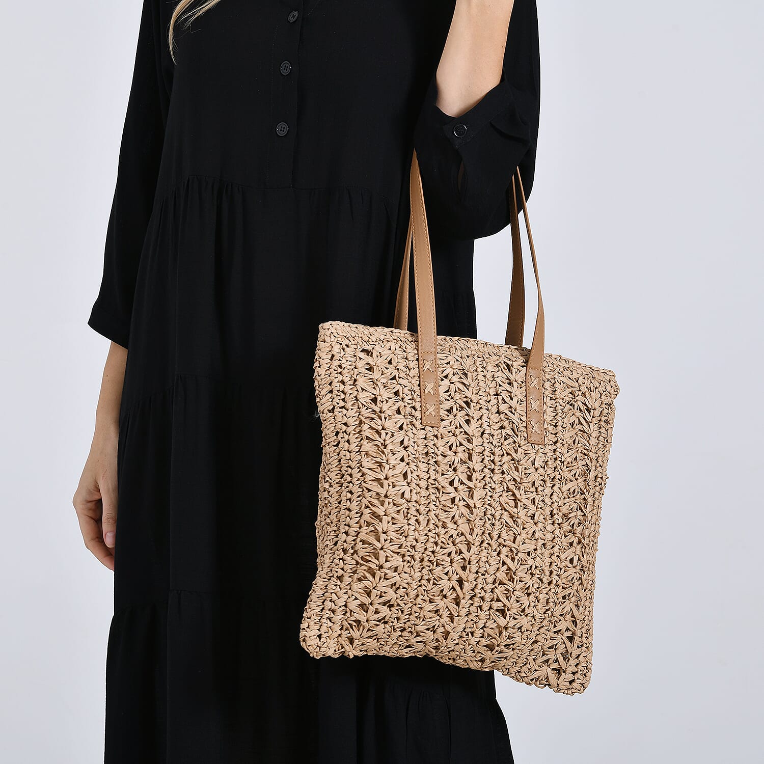 Bohemian Crochet Tote Bag with Shoulder Straps - Khaki