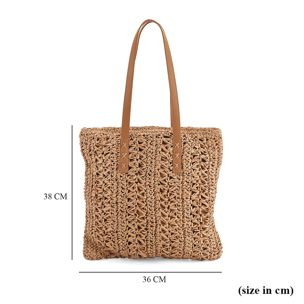 Bohemian Crochet Tote Bag with Shoulder Straps - Khaki